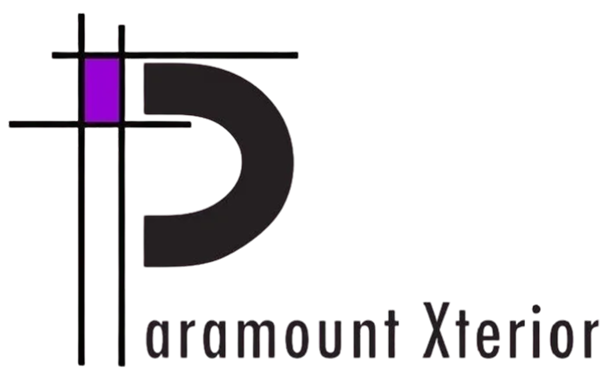 Logo with black geometric shapes and lines forming "P", purple square, and text "Paramount Xterior".