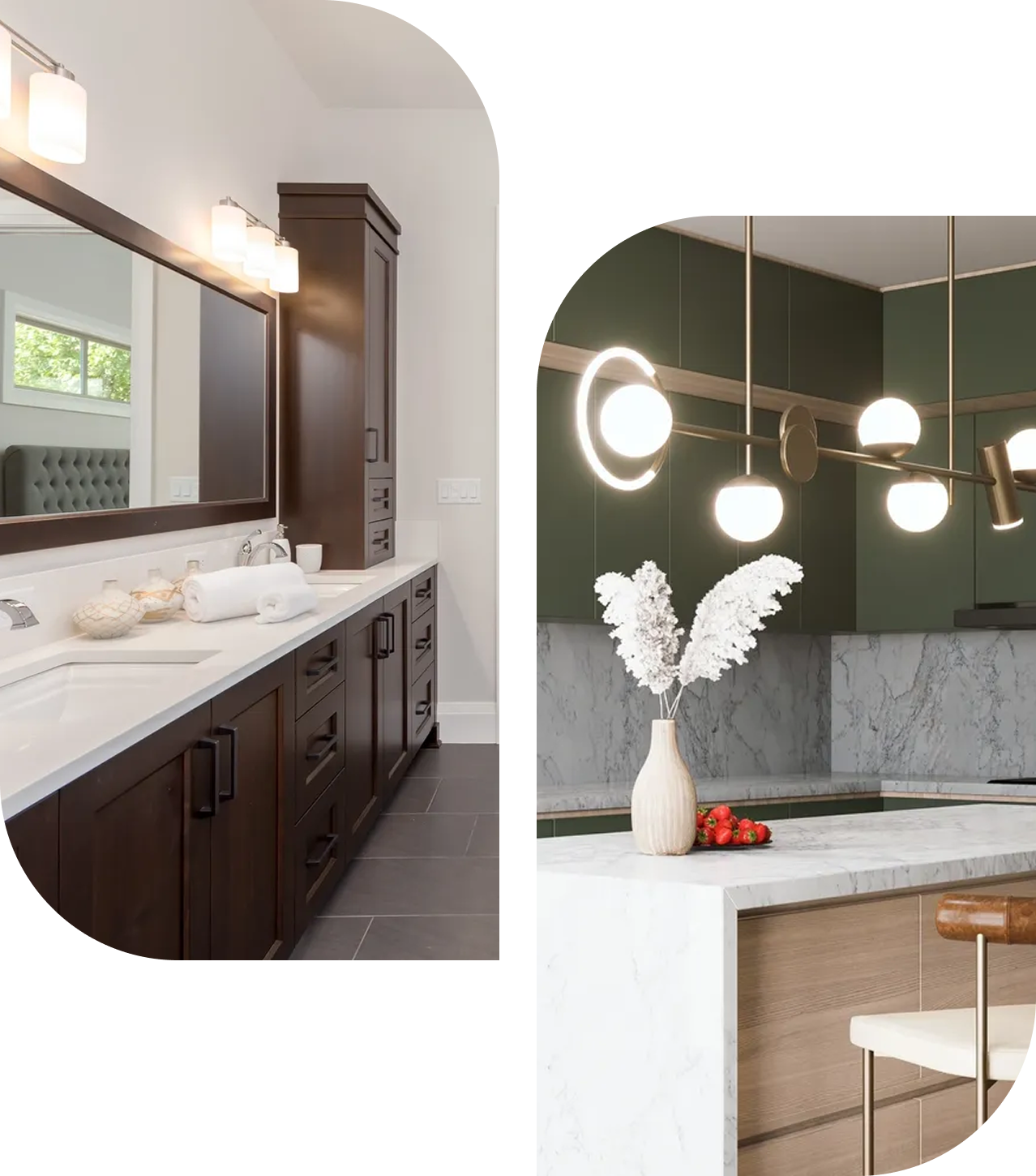 Split image: Left shows a bathroom with a large mirror, dark wood cabinets, and double sinks. Right shows a modern kitchen with marble countertops, green cabinets, and a decorative light fixture.