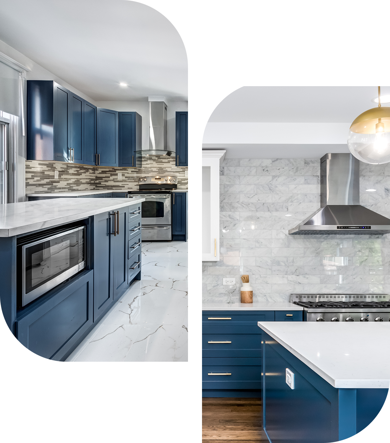 Two images of modern kitchens. Left: Blue cabinets, light countertops, stainless steel appliances, patterned backsplash. Right: Blue cabinets, light countertops, stainless steel range hood.