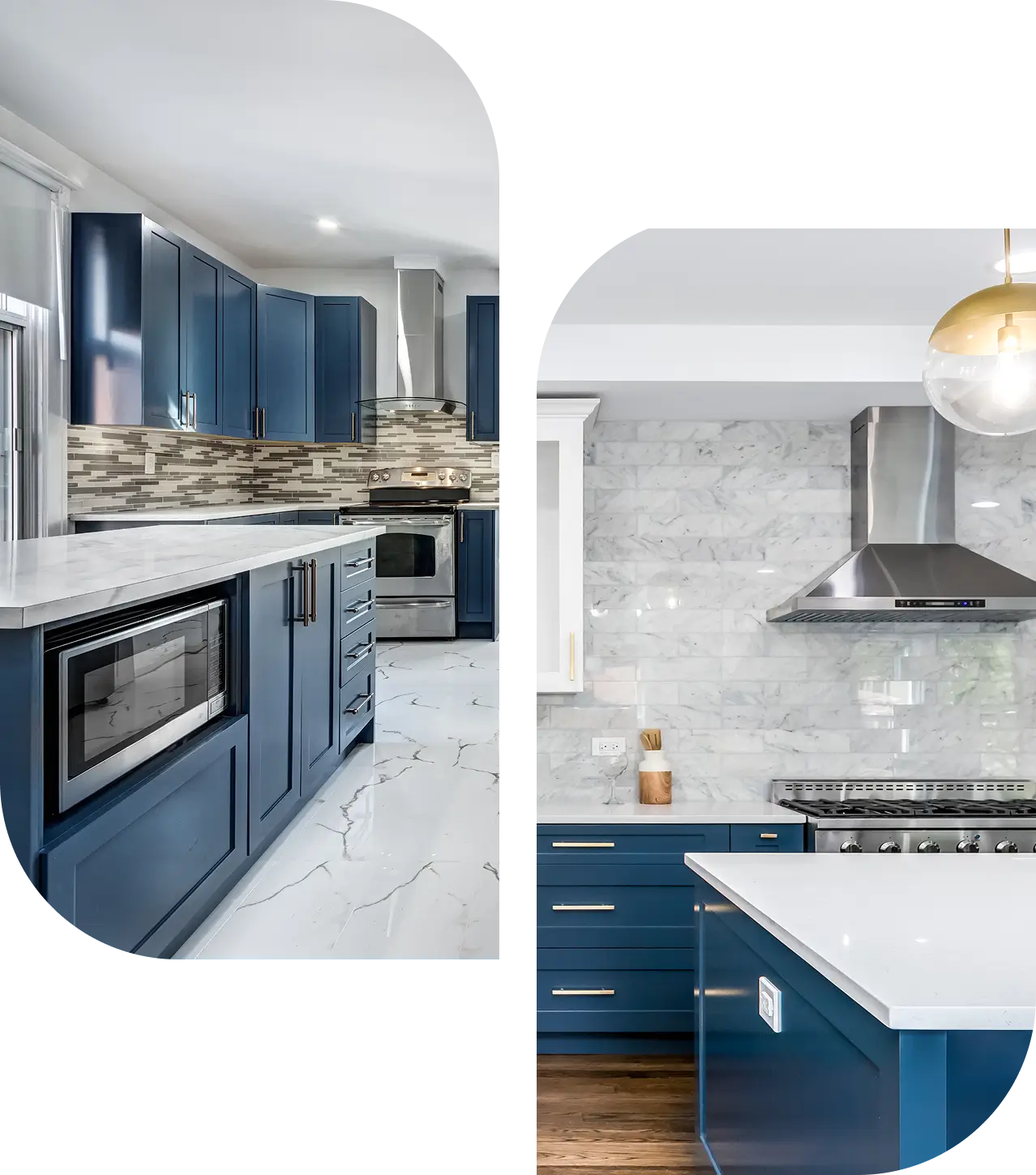 Two images of modern kitchens. Left: Blue cabinets, light countertops, stainless steel appliances, patterned backsplash. Right: Blue cabinets, light countertops, stainless steel range hood.
